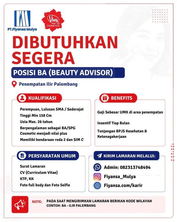 Poster lowongan Beauty Advisor Area Ilir Palembang