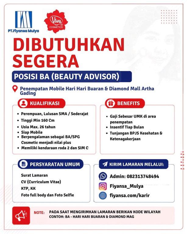 Poster lowongan Beauty Advisor Area Hari hari Buaran & Diamond Mall Artha Gading