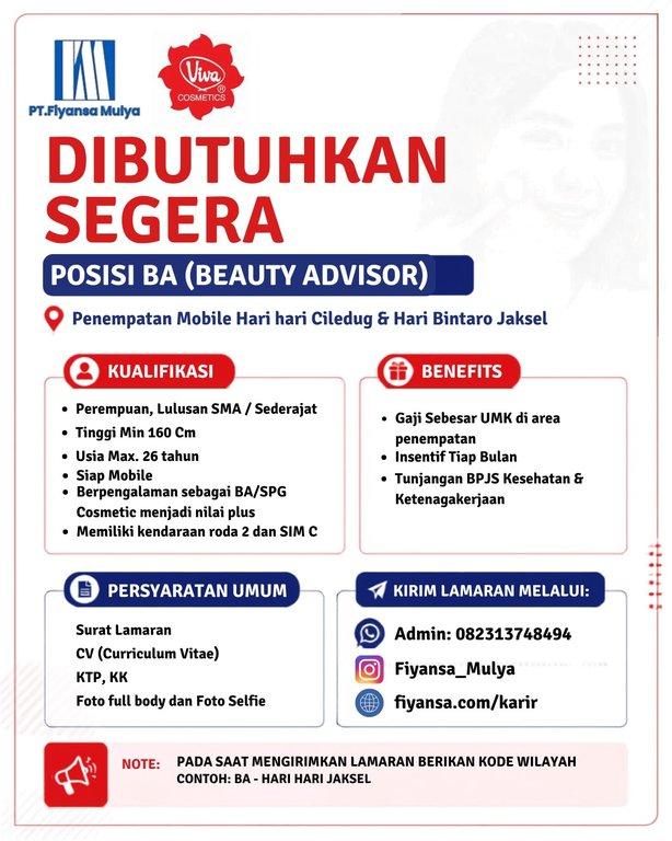 Poster lowongan Beauty Advisor Area Hari hari Ciledug & Hari Bintaro Jaksel