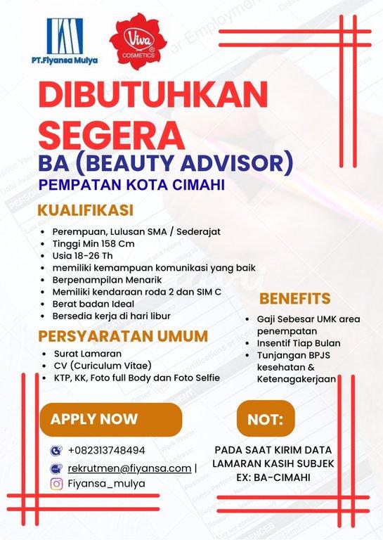 Poster lowongan Beauty Advisor Area Kota Cimahi