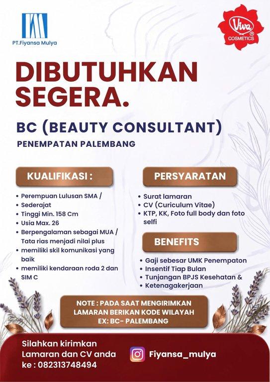 Poster lowongan Beauty Consultant Area Palembang