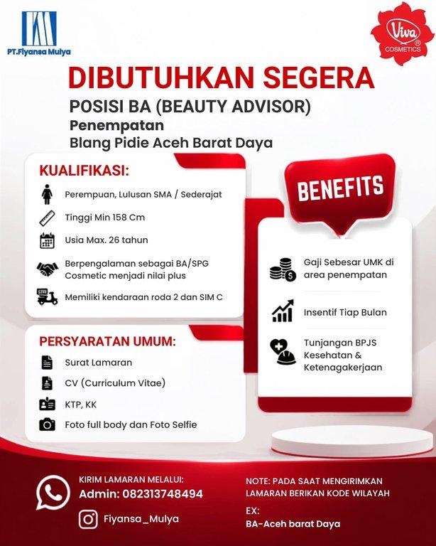 Poster lowongan Beauty Advisor Blang Pidie Aceh Barat Daya
